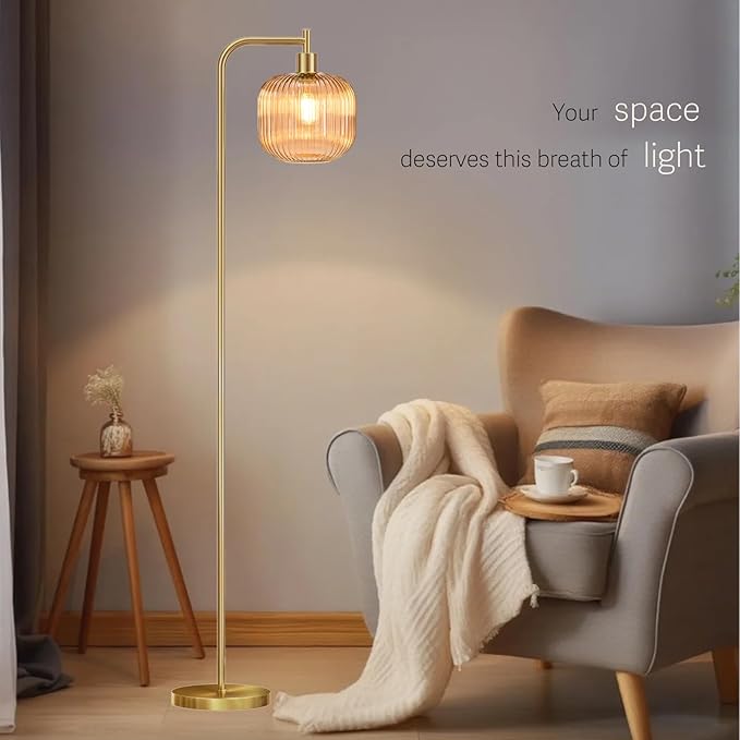 Glass Floor Lamp,67" Modern Standing Lamp with Amber Ribbed Glass Lampshade Metal Pole for Living Room, Bedroom, Office - Heavy Base,Pedal Switch(Include E26 Bulb)