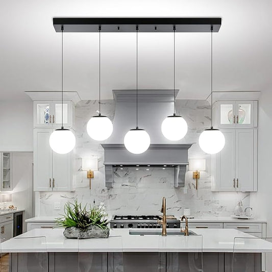 5-Lights Globe Pendant Light for Kitchen Island H 98" Black Rectangle Chandelier Milk White Glass Pendant Lighting for Living Room Bedroom Entryway