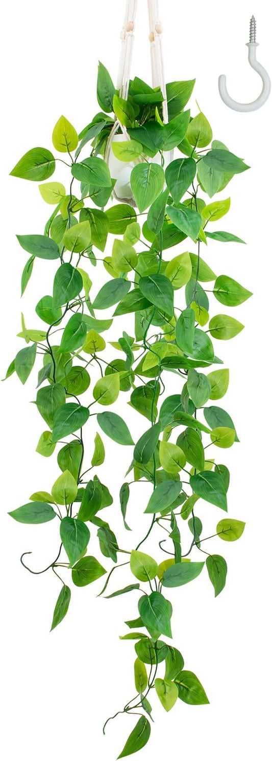 LOYWREE 1 Pack Artificial Hanging Plant Kit with Pot and Hanger - 39" Long Fake Pothos Vines - Hanging Potted Faux Plant Indoor for Wall Ceiling Bedroom Bathroom Living Room Home Decor (White Pot)