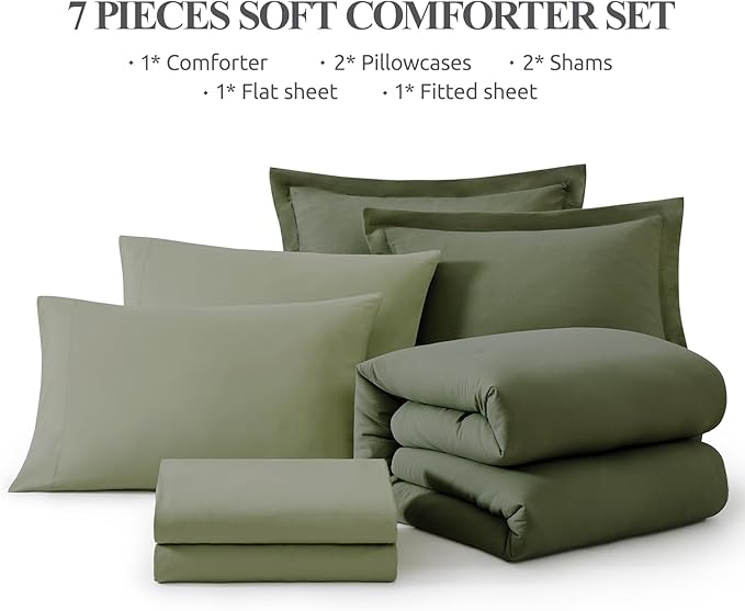 WRENSONGE Oversized Queen Comforter Set - 7 Pieces Olive Green Bed in a Bag Queen with Sheets, 2 Pillow Shams, and 2 Pillowcases- Warm Bedding Sets Queen for All Season