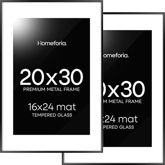 Homeforia 20x30 Poster Frame Black, High End Metal 20 x 30 Picture Frames with Mat 16 by 24 inch Photo, 30x20 Large Frame for Wall, 20x30 Thin Frame Matted to 16x24, Tempered Glass, Wall Kit, Set of 2