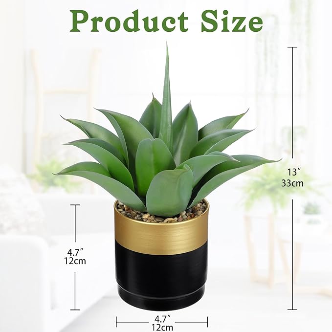 Briful Artificial Agave Plant in Black and Gold Metal Pot, 13 Inch Tall Fake Succulent Potted Plants with Wide Gray-Green Leaves, Faux Houseplant for Modern Home Office Shelf Decor