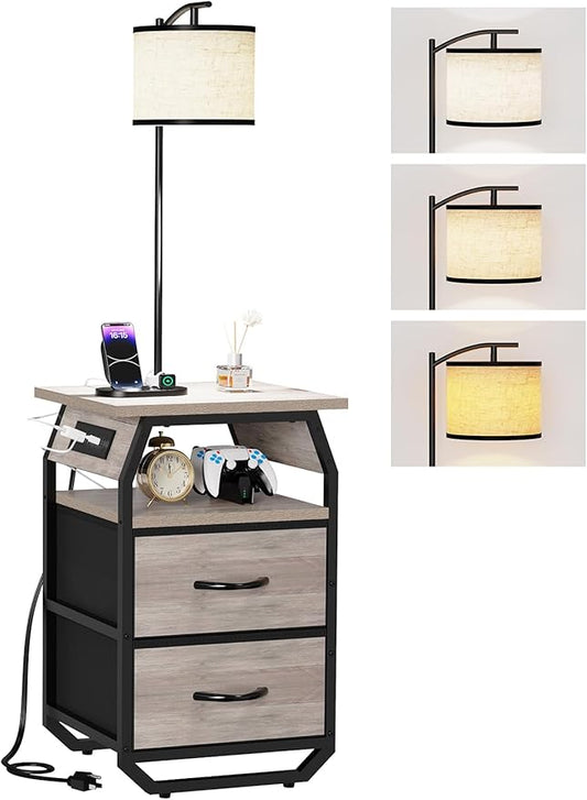 Floor Lamp with Table, End Tables with Lamps Attached 3-Color Temperature Bulb, Side Table with Lamp with 2 Drawers & Charging, Lamps Tables Combo for Bedroom, Dorm, Apartment - Greige