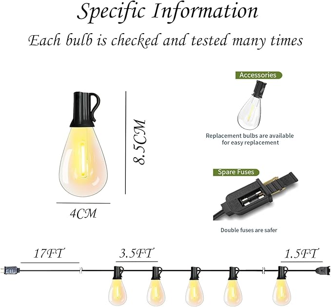 Outdoor String Lights S11 LED Patio Lights with 13 Plastic Bulbs(1 Spare), IP44 Waterproof Connectable Hanging Lights for Backyard Porch Balcony Party Decor(25FT
