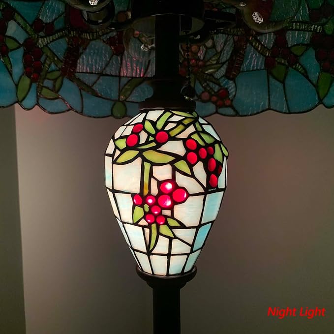 Bieye L10894 Red Cardinals on Holly Branches Tiffany Style Stained Glass Floor Lamp with 20-inch Wide Lampshade, Double-Lit, 64-inch Tall