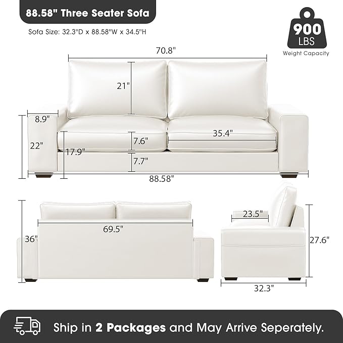 Faux Leather Couch, Mid Century Modern Comfy Loveseat Sofa with Wide Arm, Side Pockets, Solid Wooden Frame for Office, Living Room and Bedroom, 3 Seater (White, 88.58 inches)