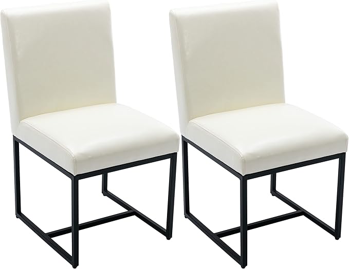 VESCASA Faux Leather Upholstered Dining Chairs with Black Metal Frame, Mid Century Modern Padded Kitchen Chair with Adjustable Foot Pads for Restaurant, Dining Room, Set of 6, White