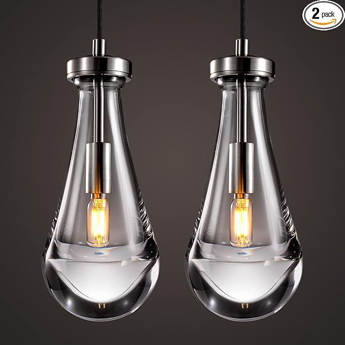 Raindrop Pendant Lights Set of 2, Nickel Pendant Lights Kitchen Island, Brushed Nickel Kitchen Island Light Dining Room Light Fixture, Chandelier for Bedroom Bathroom,Bulb Included
