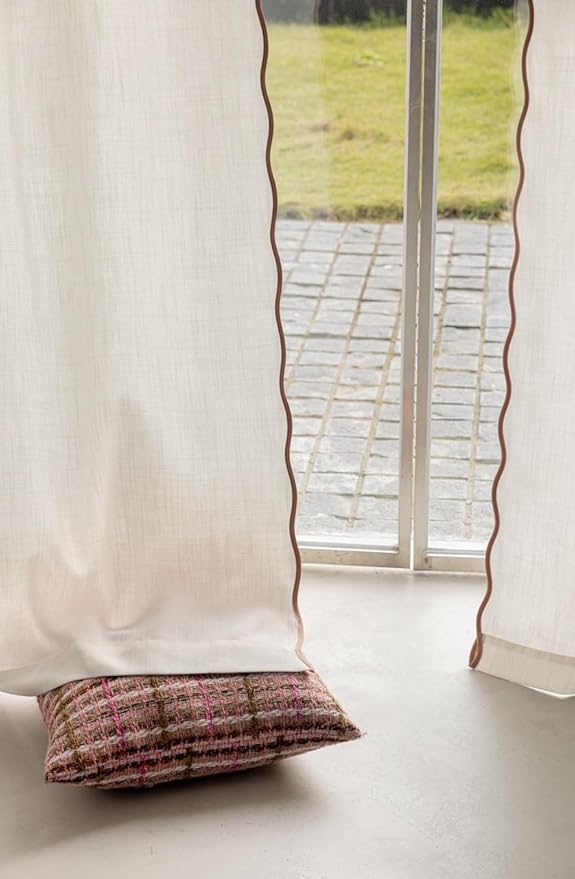 Linen Blend Scalloped/Wavy Trim, Ripple Fold Curtains for Living Room, Bedroom, Home Office, Kids Room & Dining - Light Filtering Curtains - Set of 2 - Oriental Pink, (50" W x 96" L)