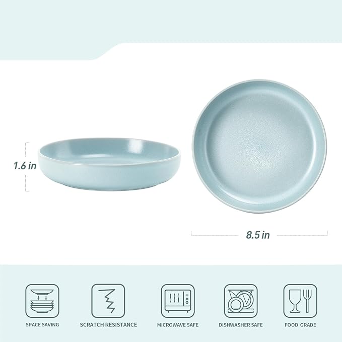 famiware Milkyway Pasta Bowls Set of 4, 8.5" Large Salad Bowls, Double Reactive Glaze, Sturdy & Stackable, Ideal for Housewarming, Festivals, Light Blue