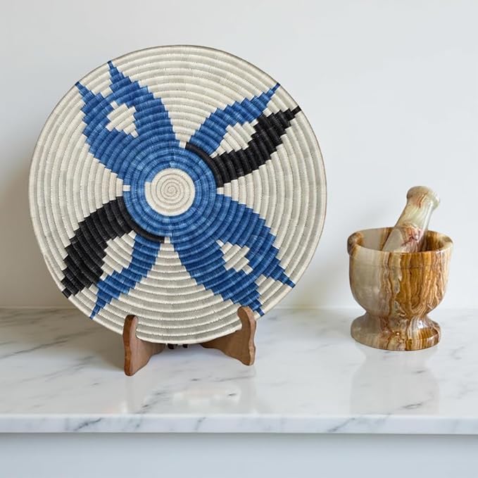 Handwoven African Basket Handmade sisal Fruit Bowl Wall Hanging decorative Baskets for Home Living Room Kitchen Centerpiece Zen Designs Arts and Crafts (Natural Blue Black, 8in diameter)