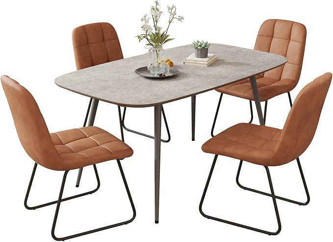 47.2'' Dining Table Set for 4,Modern Wood Dining Table,Leather Dining Chairs 4,Table and Chairs Set of 4,Ideal for Kitchen Dining Room (Gray Table + 4 U-Shaped Brown Chairs, 47.2")