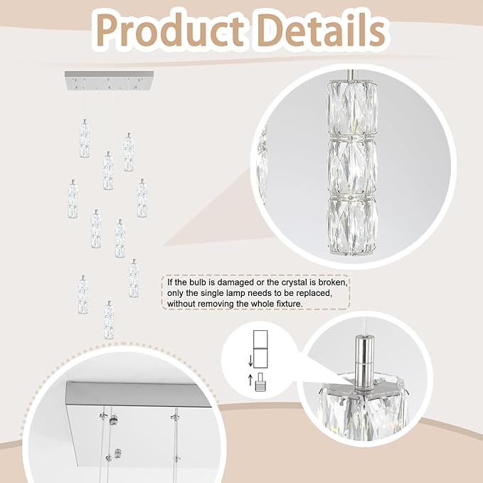 Modern Chandelier, Rectangular Crystal Chandelier Flush Mount Pendant Lighting Chrome Ceiling Light Fixture for Dining, Living Room, Kitchen Island, Bedroom