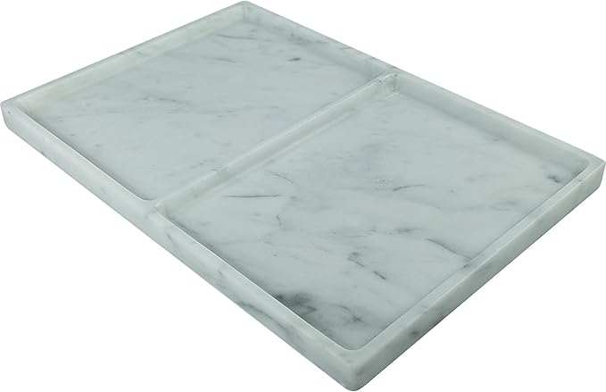 11.81"x7.87" Marble Decorative Tray with Dual Compartments – Catchall Organizer for Jewelry, Cosmetics, Soap – Polished Stone Dresser Vanity Tray for Bathroom, Entryway, Office – Calacatta White