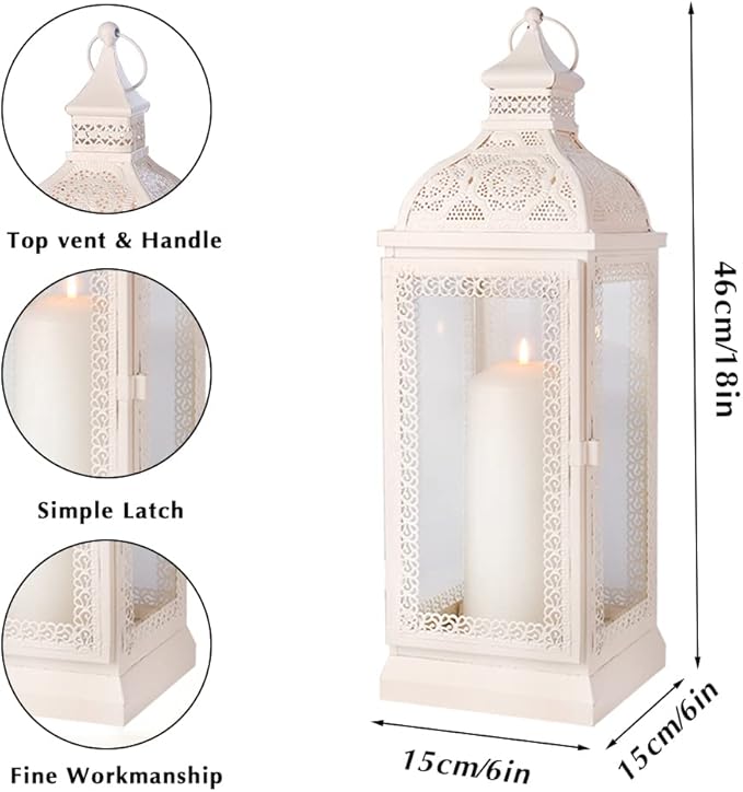 TRIROCKS Rustic Style Metal Candle Lantern 19'' High Decorative Hanging Lantern Candle Holder with Tempered Glass for Christmas Living Room Garden Yard Patio Parties Events Indoors Outdoors(Cream)