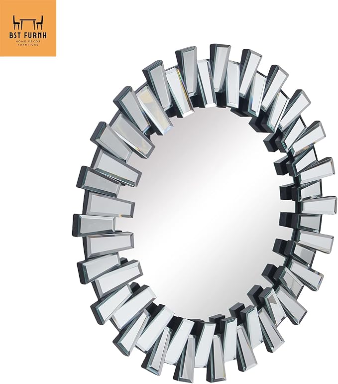 BST FURNH Round Mirror Wall Decor 24 Inches Decorative Wall Mirror with Irregular Framed and Beveled Edge Mirrors for Wall Silver Large Wall Mirror Frameless Mirrors