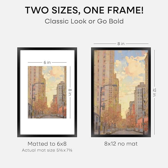 Homeforia 8x12 Picture Frame Black, High End Metal 8 x 12 Poster Frames with Mat 6 by 8 for Photo, 12x8 Frame Matted to 6x8 inch Print, 8by12 Wall or Tabletop Frame, Tempered Glass, Wall Kit, Set of 3