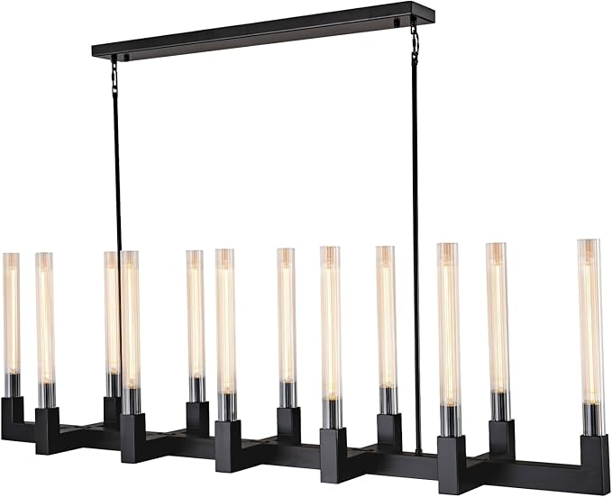 68-Inch 12-Light Black Modern Chandelier with Knurled Glass Tube Shades, Rectangular Luxury Ceiling Pendant Light Fixture for Dining Room, Living Room, or Foyer.