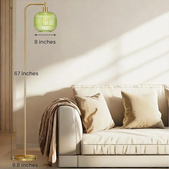 Glass Floor Lamp,67" Modern Standing Lamp with Green Ribbed Glass Lampshade Metal Pole for Living Room, Bedroom, Office - Heavy Base,Pedal Switch(Include E26 Bulb)