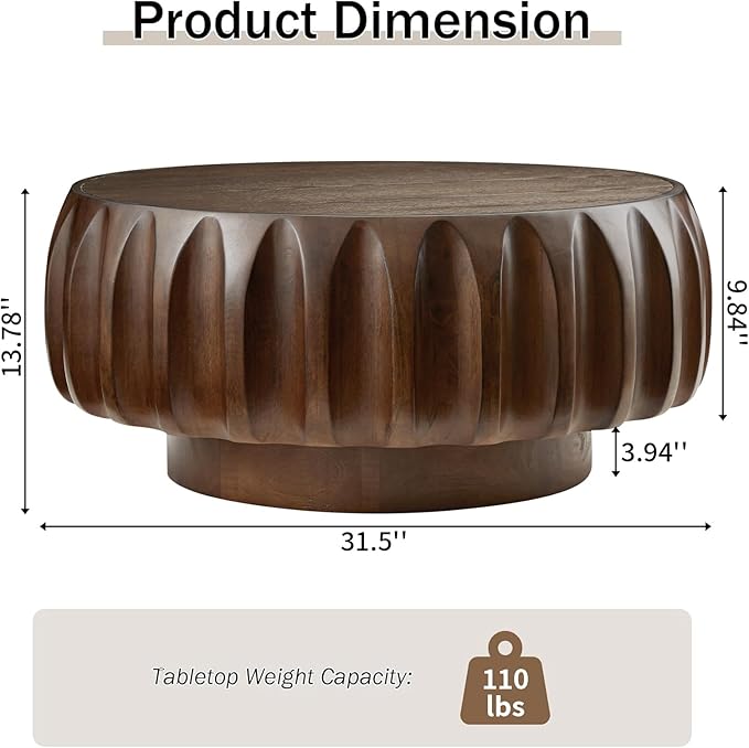 31.5" Round Coffee Table Drum Table Contemporary Wood Fluted Centry Table with Solid Wood Veneer for Living Room (Walnut)