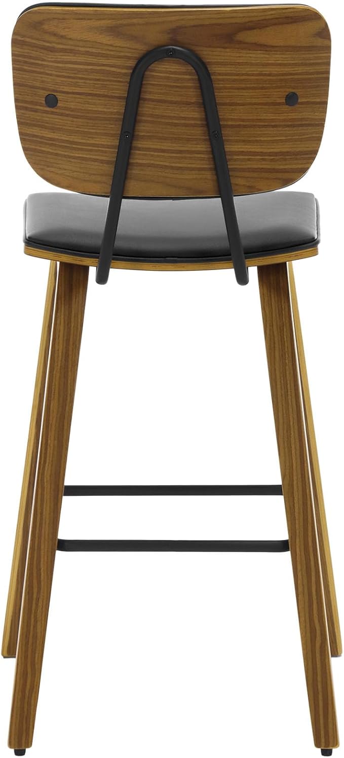 Counter Height Bar Stools, PU Leather Upholstered Barstools with Backs, Bent Wood Legs, 26 Inch Seat Height, Mid Century Modern Counter Stools for Kitchen Island, Black