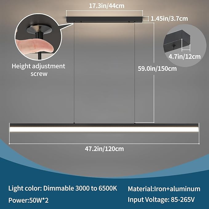 LED Linear Pendant Light, Dimmed Chandeliers for Dining Room with Remote Control, Modern Pool Table Island Lights Adjustable Ceiling Pendant Light for Kitchen, Living Room, Office, Black