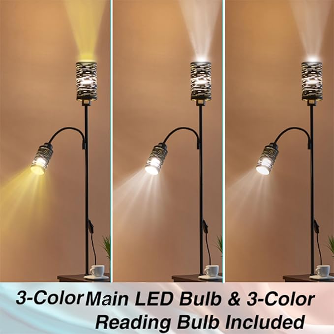 Floor Lamp with End Table, Side Table with Lamp Attached, Bedside Nightstand Light for Small Spaces with Wicker Drawer and Storage Shelf for Living Room, Bedroom, Guest Room, 2 Bulbs Included