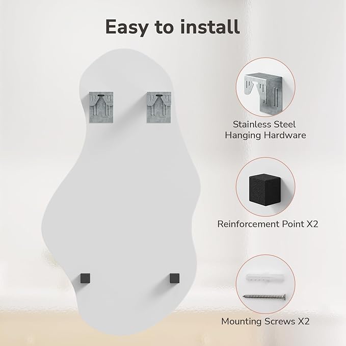 USHOWER Irregular Wall Mirror 26"x46", Frameless Asymmetrical Mirror, Modern Wall Mirrors Decorative for Bathroom, Bedroom, Living Room, Entryway, Cloakroom Renovation