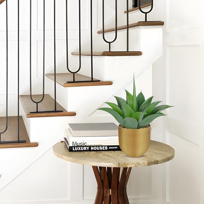 Briful Artificial Agave Plant in Gold Metal Pot, 13 Inch Tall Faux Succulent with Gray-Green Wide Leaves, Realistic Decorative Fake Plants for Home, Office, Shelf, Tabletop Decor