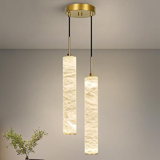 LMQNINE Natural Alabaster Pendant Lights for Kitchen Island White Marble Long Tube Chandelier Modern Gold Ceiling Light Fixtures for Bedroom Dining Room Table Living Room Hallway(M-2Light)