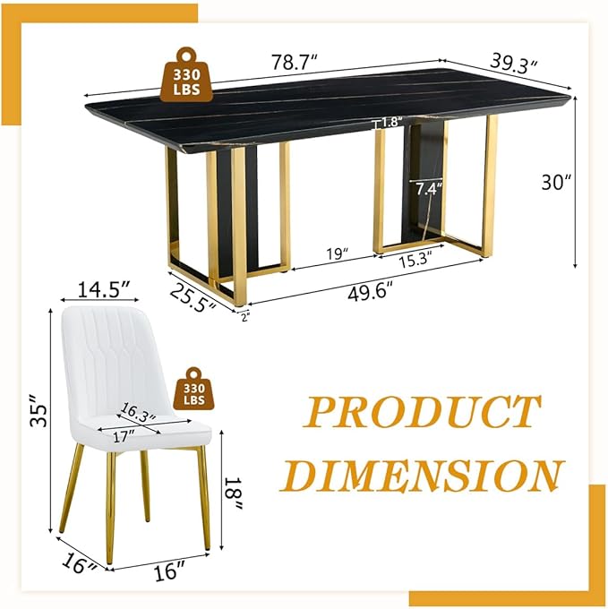 TesNus 79" Black Dining Table Set for 8 with Chairs,Large Faux Marble Kitchen Table and Chairs Set Rectangular 9 Piece Dining Room Set with Gold Metal Legs,Easy Assemble,Stable Base