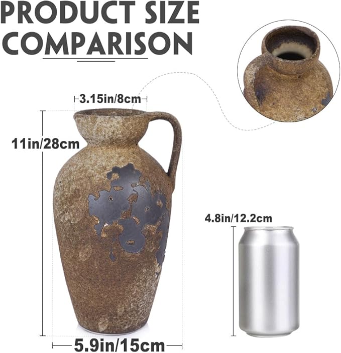 Wabi Sabi Decor Vintage Terracotta Vase with Handles, Rustic Ceramic Farmhouse Vase for Home Decor, Large Antique Vases, Ideal for Centerpieces, Tall Rustic Vases for Dried Flowers, Clay Home Decor
