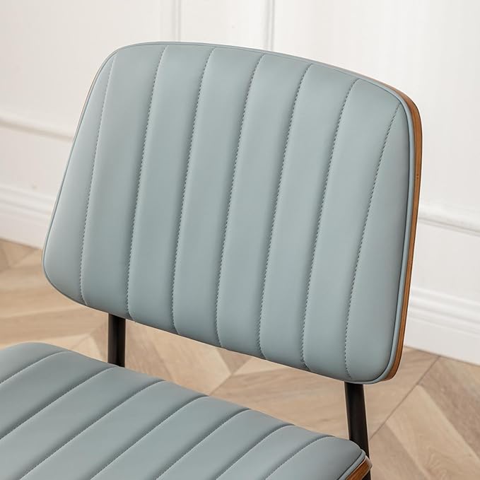 LUNLING Dining Chairs Set of 2,Mid Century Modern Retro Faux Leather Chair with Walnut Bentwood Upholstered Seat Metal Legs Adjustable Foot for Kitchen Dining Room Chairs(Blue)