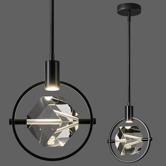 Modern Crystal Pendant Light in Black Mini Dimmable Integrated LED Light Fixtures Metal Rod Ceiling Black Chandelier for Kitchen Island Bedroom Dining Room Bar(1-Lights)