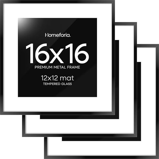 Homeforia 16x16 Picture Frame Black, High End Metal 16x16 Square Poster Frame Matted to 12x12 Print, 16 x 16 Black Frames with Mat 12 x 12 Photo, 16by16 Thin Frames, Tempered Glass, Wall Kit, Set of 3