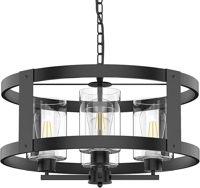 4-Light Farmhouse Chandelier, 20" Black Light Fixture with Glass Shade Modern Drum Lighting Fixtures Ceiling Pendant Lamp for Dining Room Kitchen Island Entrance Foyer Living Room Bedroom