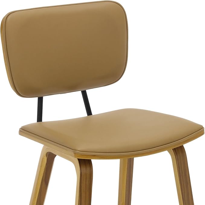 Counter Height Bar Stools Set of 4, PU Leather Upholstered Barstools with Backs, Bent Wood Legs, 26 Inch Seat Height, Mid Century Modern Counter Stools for Kitchen Island, Brown