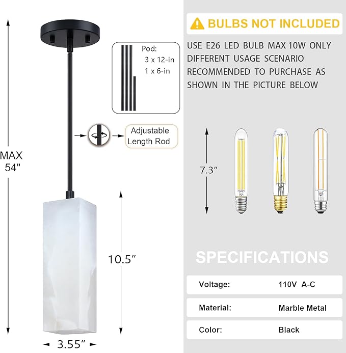 3 Pack 1 Light Square Cylinder Natural Alabaster Marble Modern Industrial Farmhouse Hanging Kitchen Island Pendant Ceiling Light Fixture,Black Finish Over Sink Restaurant bar Corridor