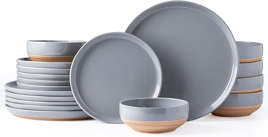 AmorArc Ceramic Dinnerware Sets for 6, 18 Pieces Handpainted Plates and Bowls Set with Rustic Terracotta Underside, Scratch Resistant Stoneware Dishes Set, Dishwasher & Microwave Safe, Gray