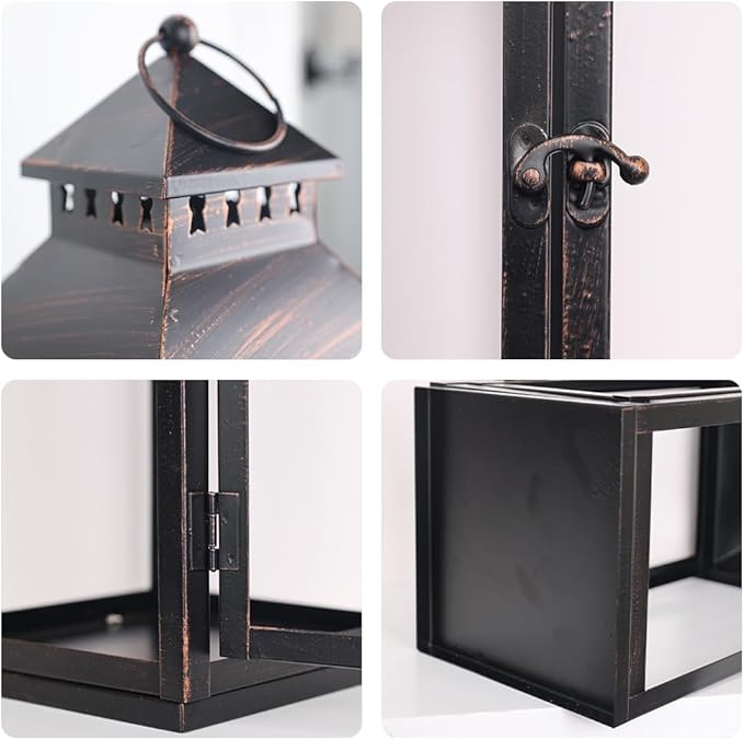 NEEDOMO LED Lanterns Decorative Outdoor&Indoor, Set of 2 Large Bronze Metal Lantern Decor with LED Candle, Lantern Decor for Porch, Patio, Garden, Balcony, Wedding, Spring Decorations (NO Glass)