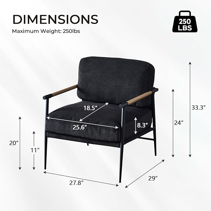 Accent Chair Mid Century Modern Armchair for Living Room,Bedroom,Office,Lounge Comfy Chenille Upholstered Soft Removable Washable Cushions and Pillows,Metal Wood-Grain Armrest Legs,Black