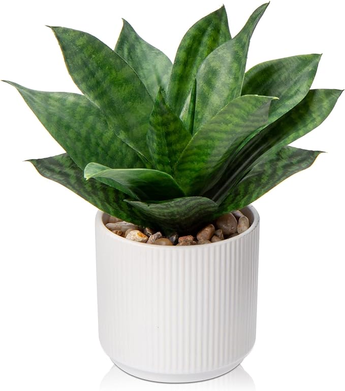 Artificial Agave Succulent Plants Faux Snake Plant Fake Succulent Agave Plant Potted in White Pot Succulent Aloe Plant for Desk Modern Office Living Room Table Shelf Home Indoor Outdoor Decor