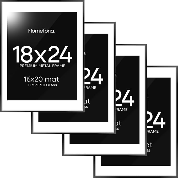 Homeforia 18x24 Poster Frame Black, High End Metal 18 x 24 Picture Frames with Mat 16 by 20 inch Photo, 18x24 Black Frame Matted to 16x20 Print, 24x18 Hanging Frame, Tempered Glass, Wall Kit, Set of 4