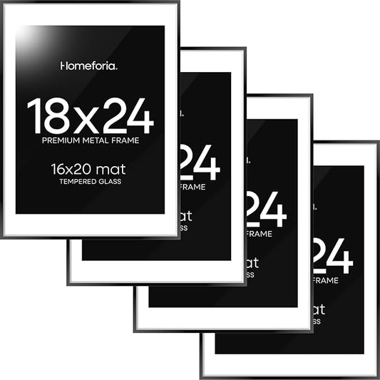 Homeforia 18x24 Poster Frame Black, High End Metal 18 x 24 Picture Frames with Mat 16 by 20 inch Photo, 18x24 Black Frame Matted to 16x20 Print, 24x18 Hanging Frame, Tempered Glass, Wall Kit, Set of 4