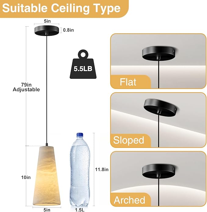 Alabaster Pendant Lights Kitchen Island 2 Pack, H-10in White Pendant Light Fixtures, Marble Conical Shade Black, Light Pendant for Bedroom Bathroom Dining Room Living Room (Dimmable Bulbs INCL)