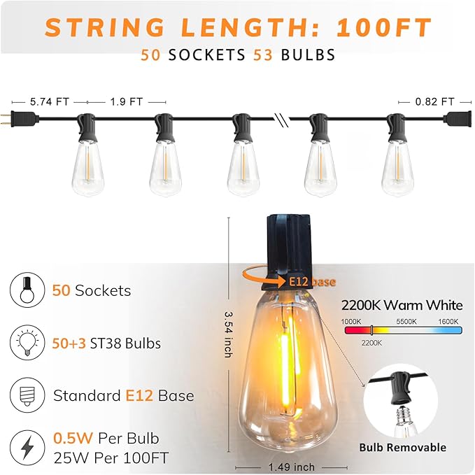 Achin 100FT Outdoor String Lights LED Dimmable Patio Lights String Waterproof with 50+3 Shatterproof Bulbs ST38 Vintage String Lights for Outside Gazebo Bistro Lights, 2200K Warm White