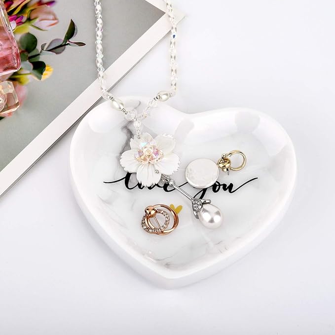 Jewelry Tray Dish, Heart Shaped Ring Dish Decorative Trinket Plate with Words - Love You Romantic Gifts for Her Mom Daughter Sister Best Friend, White Marble