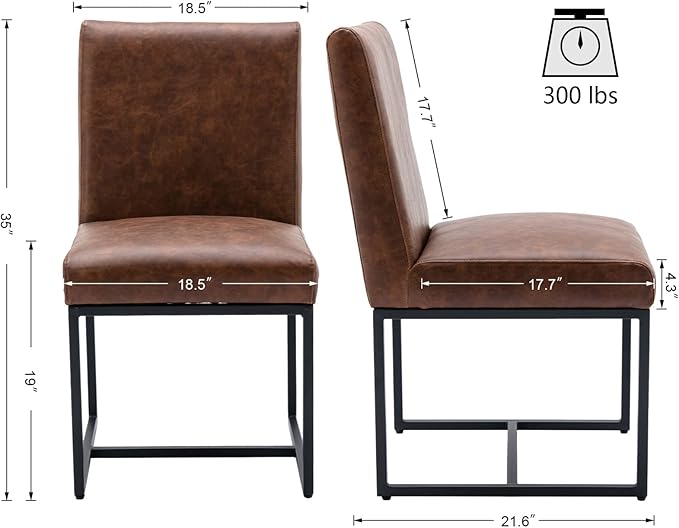 VESCASA Faux Leather Upholstered Dining Chairs with Black Metal Frame, Mid Century Modern Padded Kitchen Chair with Adjustable Foot Pads for Restaurant, Dining Room, Set of 2, Brown
