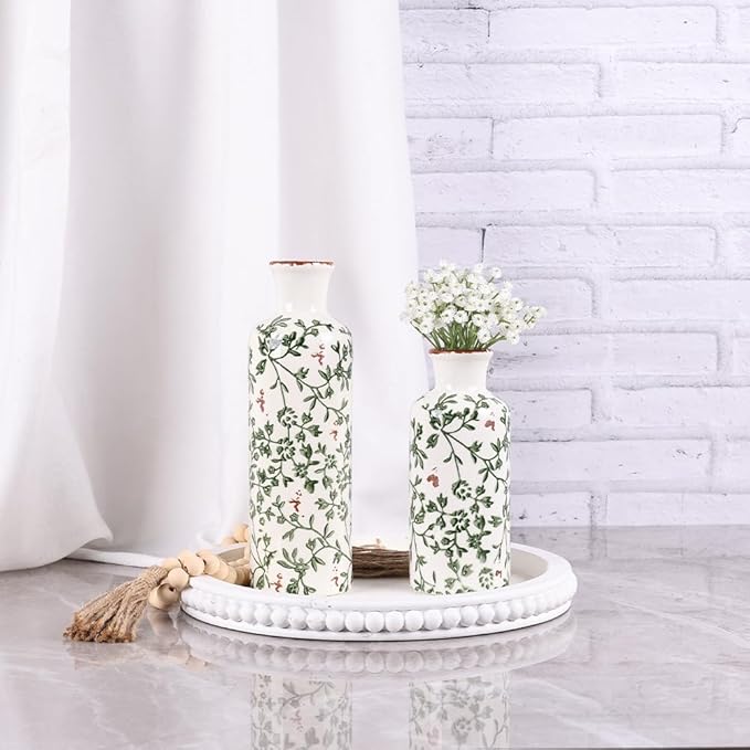 Green Chinoiserie Ceramic Vase Set of 3 – Vintage Green Floral Vases, Decorative Porcelain Vase Set for Flowers, Rustic Farmhouse & Cottage Core Home Decor, Living Room, Shelf & Table Centerpieces