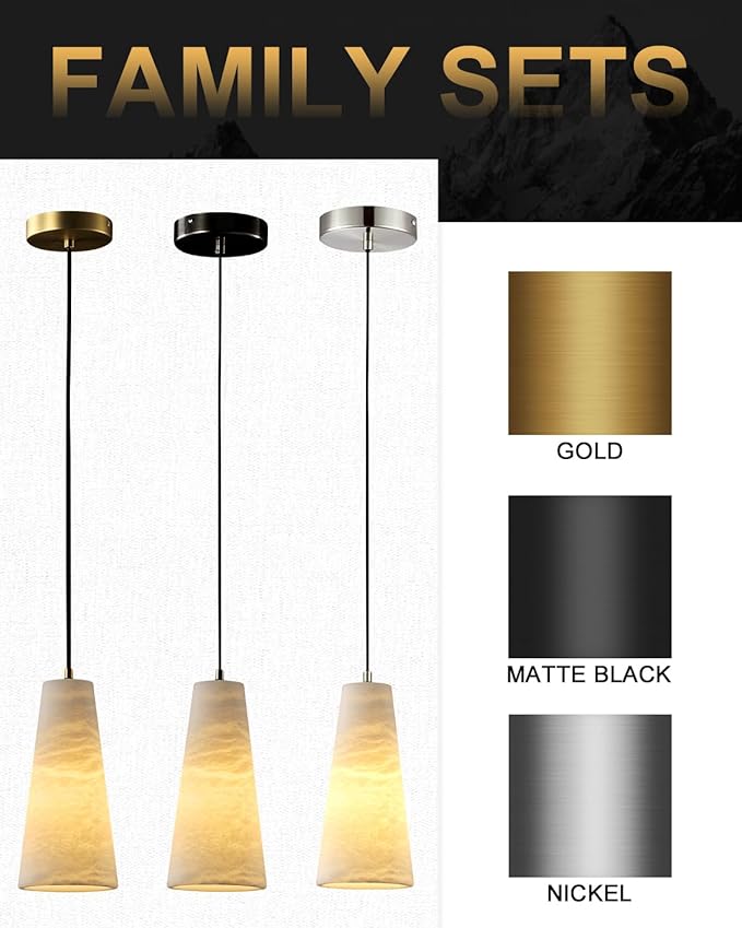 Natural Alabaster Pendant Lights Kitchen Island, H-10in White Pendant Light Fixtures, Light Pendant Marble Conical Shade Black, for Bedroom Bathroom Dining Room Living Room (Dimmable Bulbs INCL)